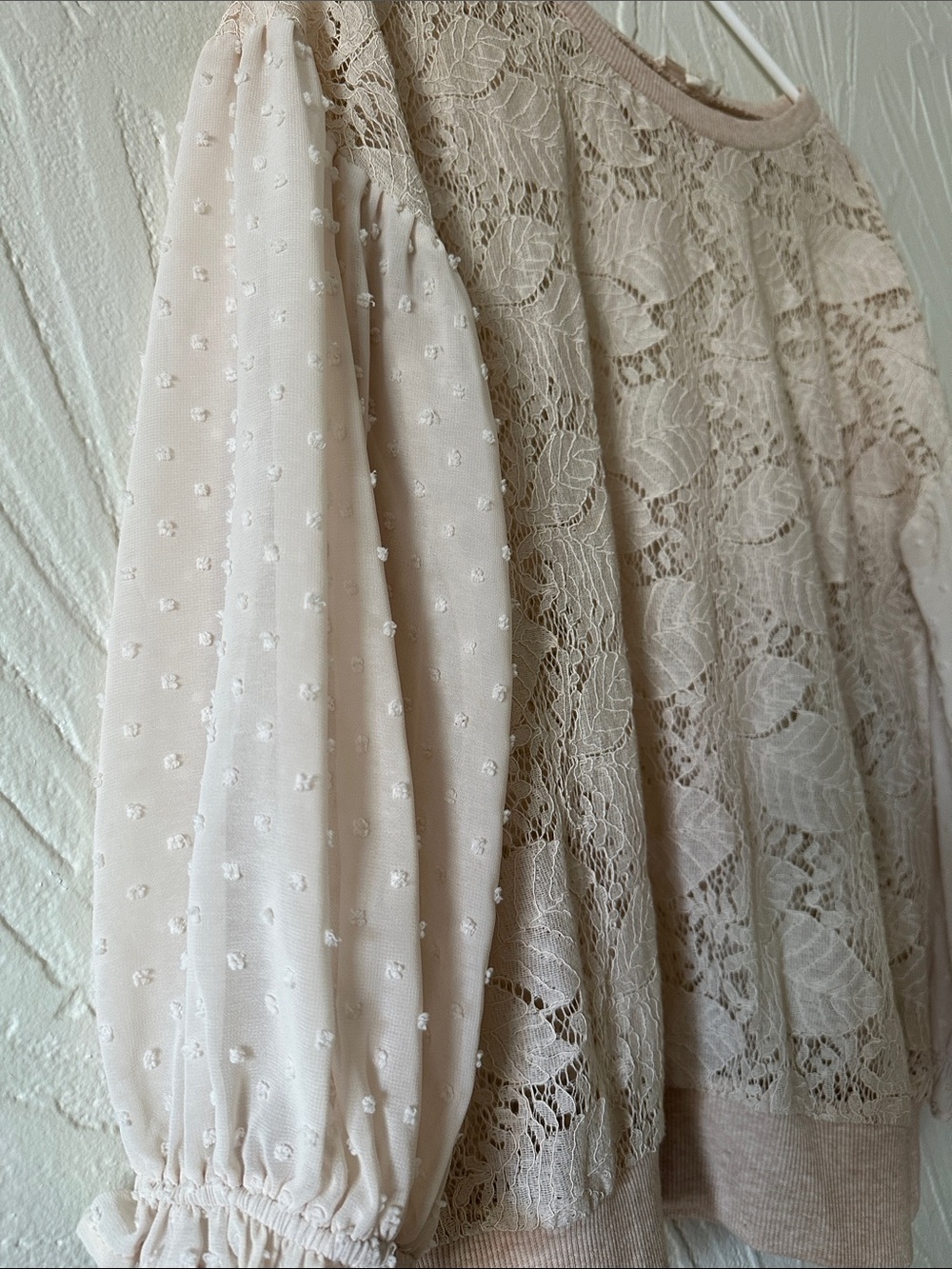 Mystree Lace Front & Sheer Dobby Sleeve Sweatshirt in Light Beige - Picture 5 of 7